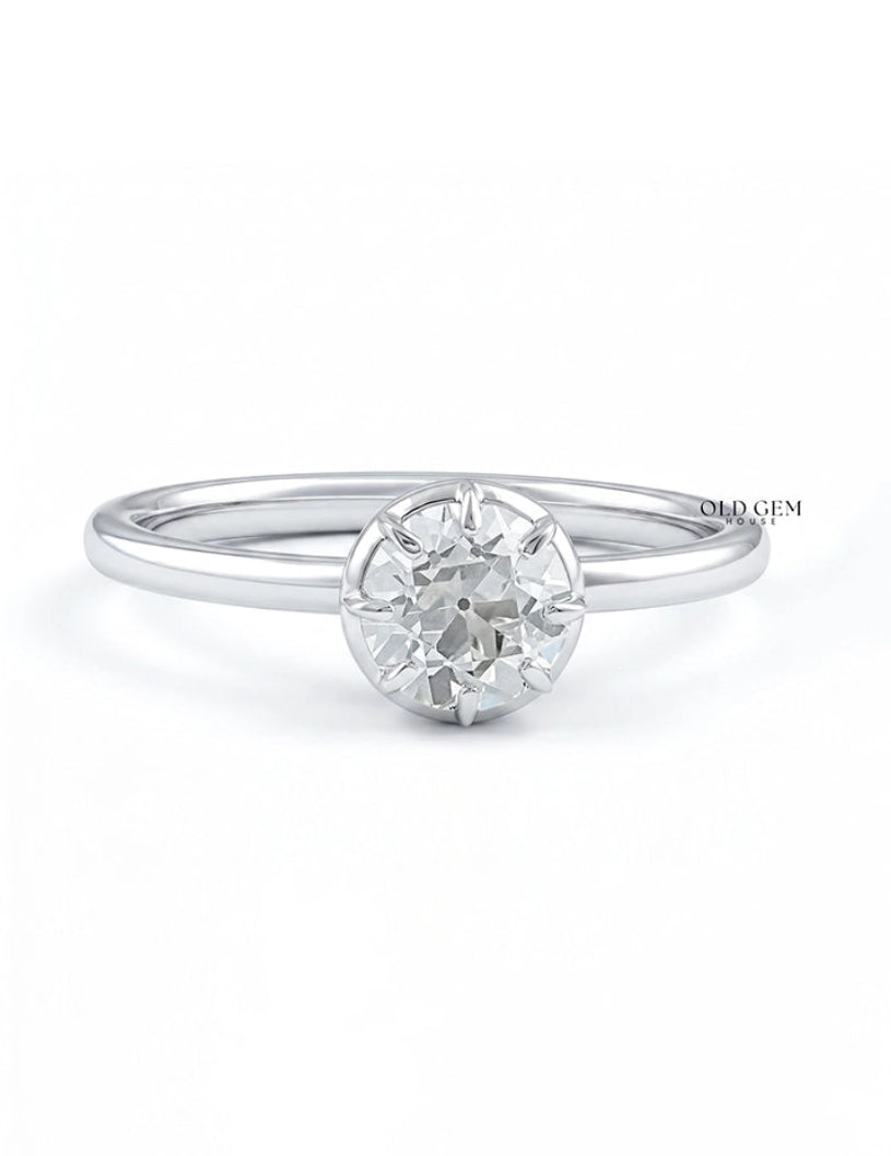 Mid Century Old European Cut Round Diamond Solitaire Ring Engagement Ring