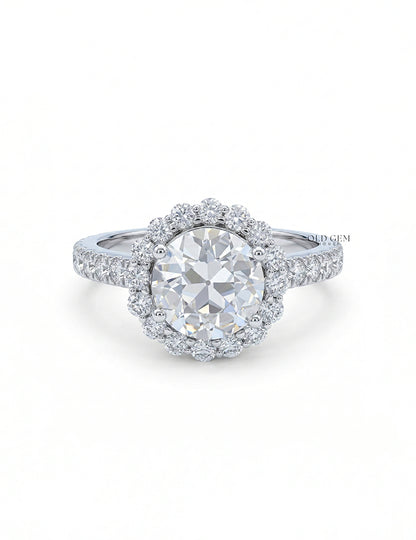 Old European Round Lab Diamond Halo Accent Ring - Mid Century Engagement Ring