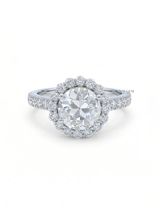 Old European Round Lab Diamond Halo Accent Ring - Mid Century Engagement Ring