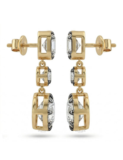 Old European & Asscher Cut Diamond Three Stone Drop Earring Earrings