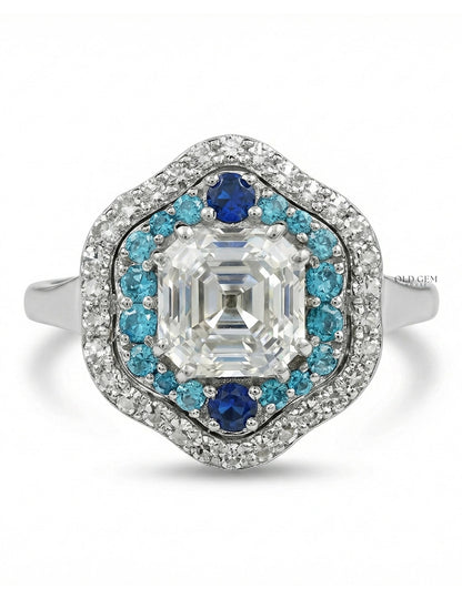 Old Mine Asscher Blue Sapphire Halo Ring