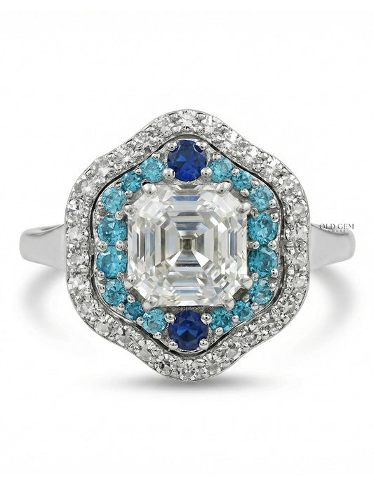 Old Mine Asscher Blue Sapphire Halo Ring