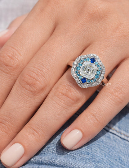 Old Mine Asscher Blue Sapphire Halo Ring