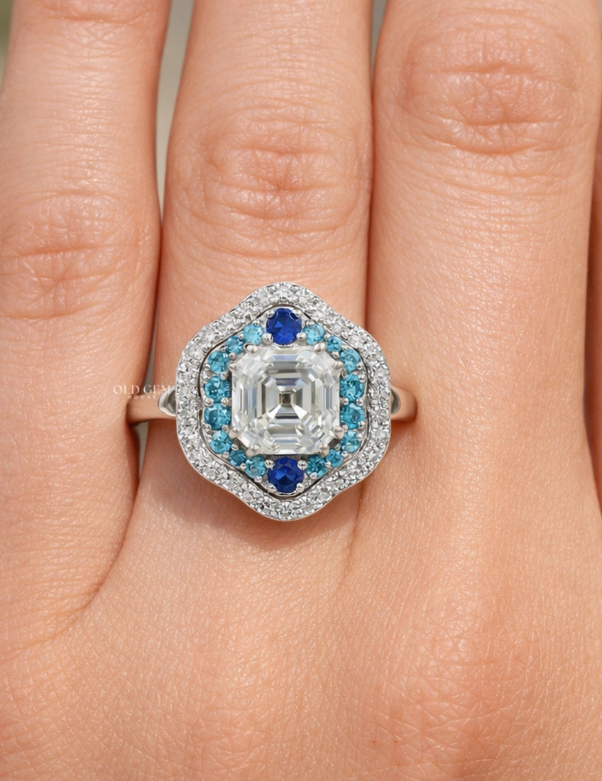 Old Mine Asscher Blue Sapphire Halo Ring