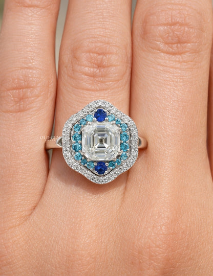 Old Mine Asscher Blue Sapphire Halo Ring