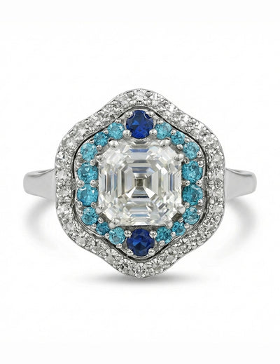 Vintage Art Deco Sapphire Old Mine Asscher Double Halo Ring