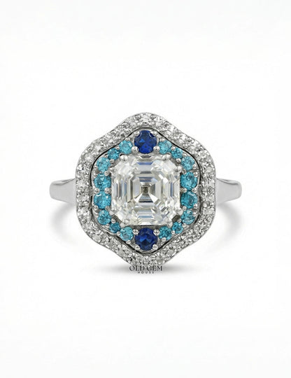 Vintage Art Deco Sapphire Old Mine Asscher Double Halo Ring Engagement Ring