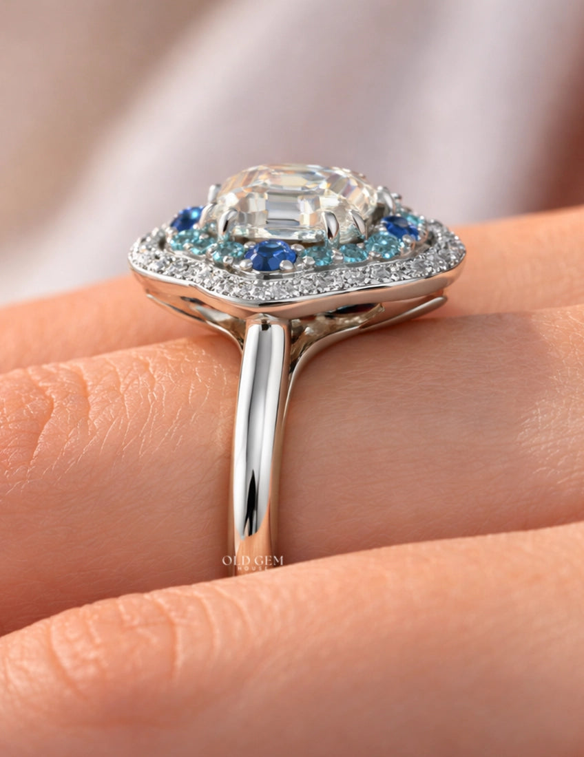 Old Mine Asscher Blue Sapphire Halo Ring