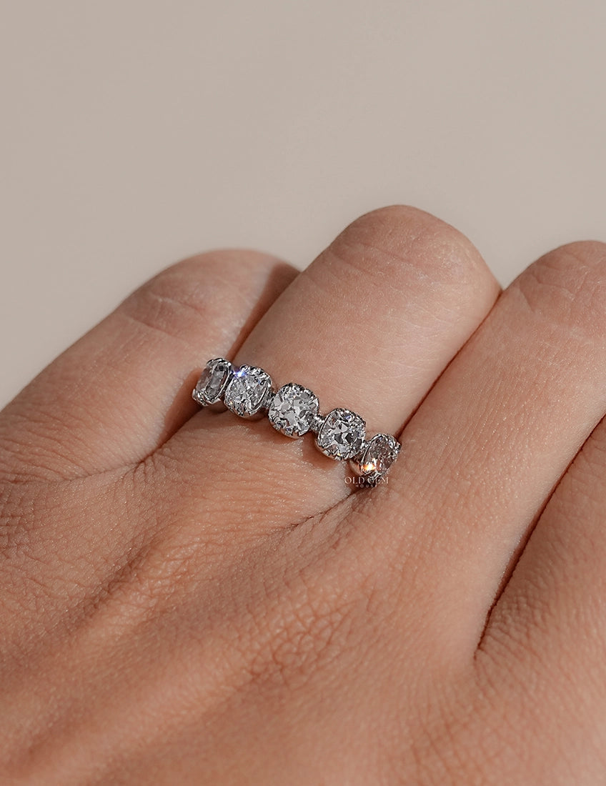 Mid Century Five Stone Old Mine Cushion Cut Diamond Ring Wedding Band