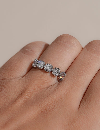Mid Century Five Stone Old Mine Cushion Cut Diamond Ring Wedding Band