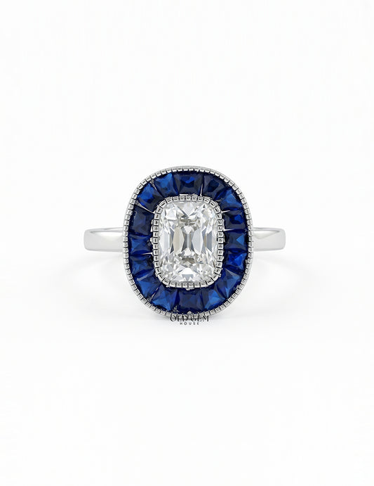 Old Mine Cushion Cut Blue Sapphire Halo Engagement Ring Engagement Ring