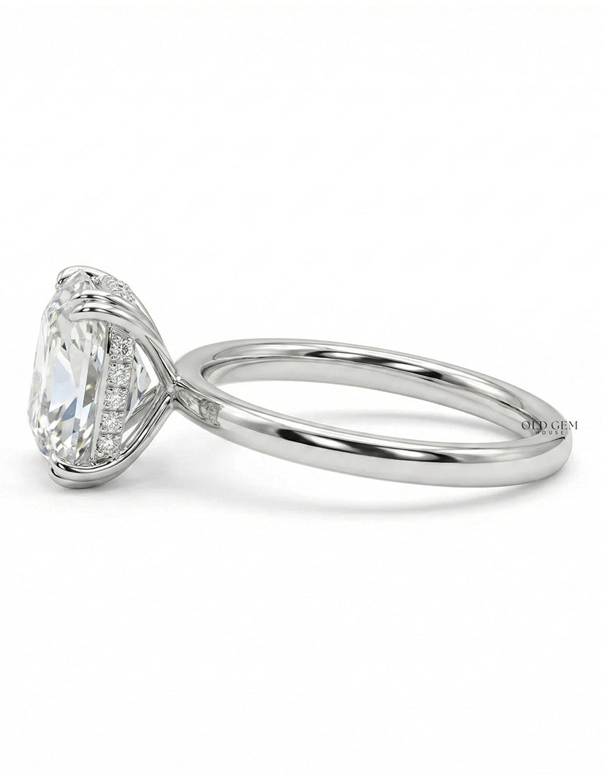 Mid Century Old Mine Cut Cushion Diamond Hidden Halo Ring Engagement Ring