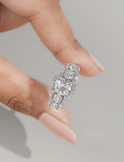 Mid Century Old Mine Cut Diamond Five Stone Halo Ring Wedding Band