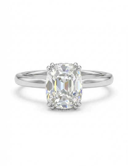 Mid Century Old Mine Cut Cushion Diamond Hidden Halo Ring Engagement Ring