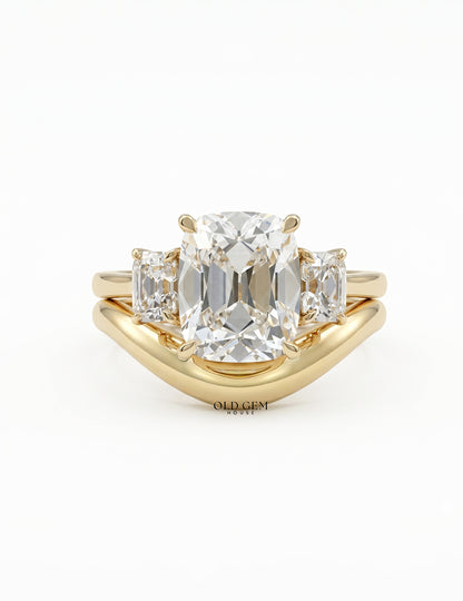 Old Mine Cushion Trilogy Diamond Curved Ring Set Engagement Ring