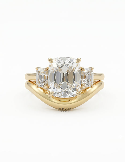 Old Mine Cushion Trilogy Diamond Curved Ring Set Engagement Ring