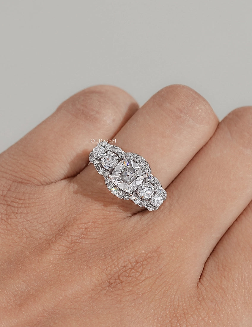 Mid Century Old Mine Cut Diamond Five Stone Halo Ring Wedding Band