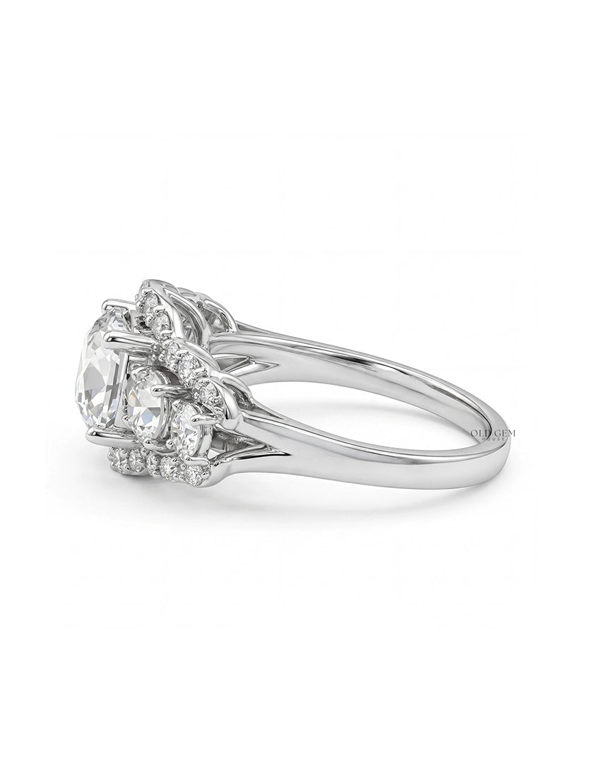 Mid Century Old Mine Cut Diamond Five Stone Halo Ring Wedding Band