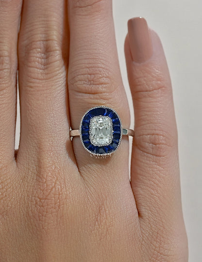 Art Deco Old Mine Cushion Cut Blue Sapphire Halo Ring Engagement Ring