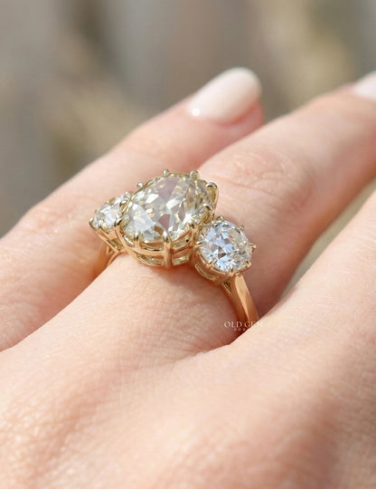 Fancy Yellow Old Mine Cushion Three Stone Engagement Ring
