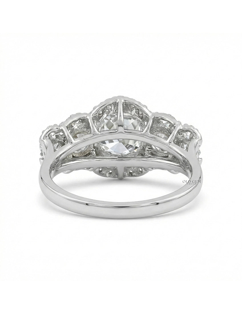 Mid Century Old Mine Cut Diamond Five Stone Halo Ring Wedding Band