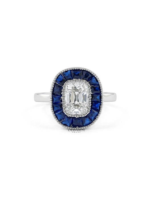 Art Deco Old Mine Cushion Cut Blue Sapphire Halo Ring Engagement Ring