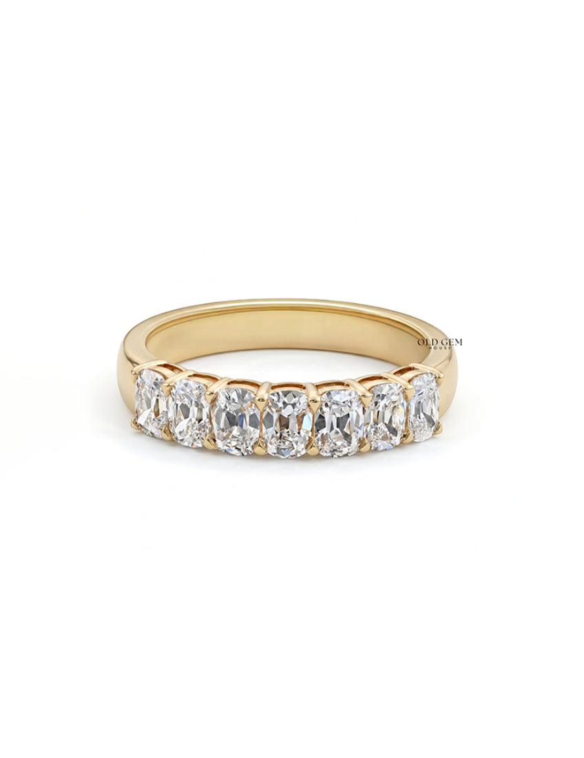 Mid Century Seven Stone Old Mine Cushion Diamond Band Wedding Band