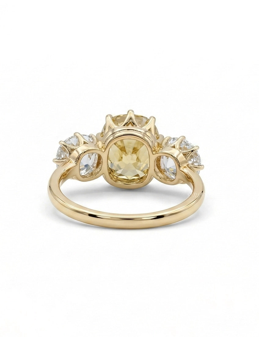 Fancy Yellow Old Mine Cushion Three Stone Engagement Ring
