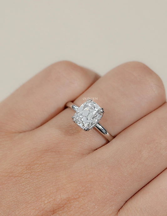 Mid Century Old Mine Cut Cushion Diamond Hidden Halo Ring Engagement Ring