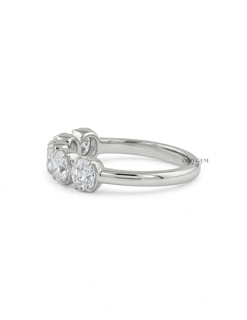 Mid Century Five Stone Old Mine Cushion Cut Diamond Ring Wedding Band