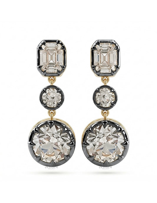 Old European & Asscher Cut Diamond Three Stone Drop Earring Earrings