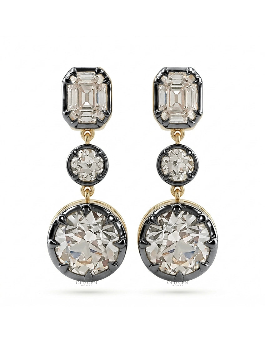 Old European & Asscher Cut Three Stone Drop Earring Earrings