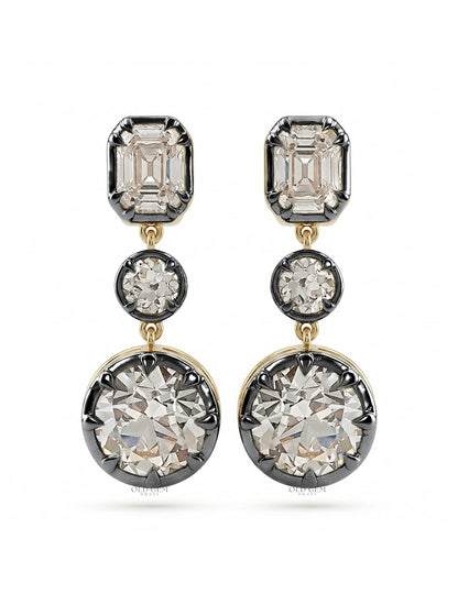 Old European & Asscher Cut Three Stone Drop Earring Earrings