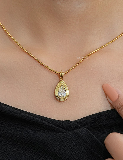 Old Mine Pear Lab Diamond Bezel Set Pendant Necklaces