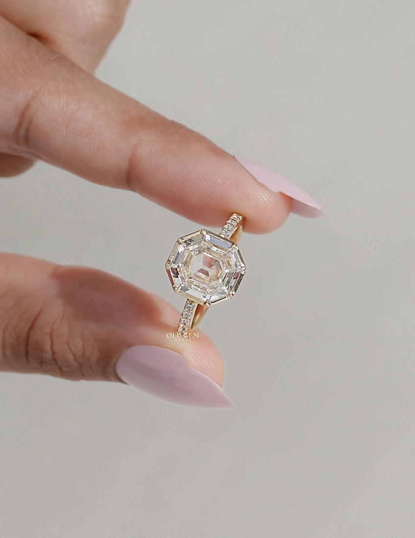 Georgian Old Mine Hexagon Solitaire Accent Ring Engagement Ring