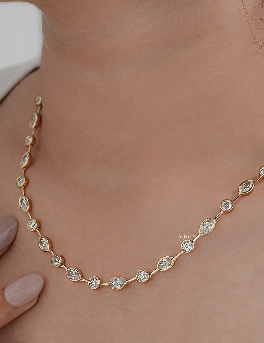 Old Mine Marquise & OEC Round Bezel Set Diamond Necklace Necklaces
