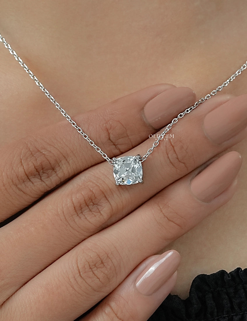 Square Old Mine Cushion Lab Solitaire Pendant Necklaces