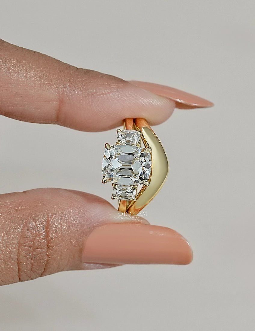 Old Mine Cushion Trilogy Diamond Curved Ring Set Engagement Ring