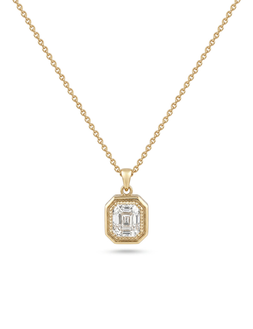 Old Mine Emerald Cut Milgrain Bezel Set Pendant Necklaces