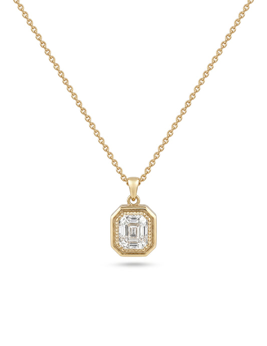 Old Mine Emerald Cut Milgrain Bezel Set Pendant Necklaces
