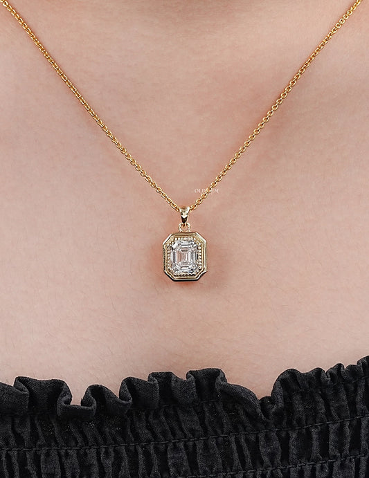 Old Mine Emerald Cut Milgrain Bezel Set Pendant Necklaces