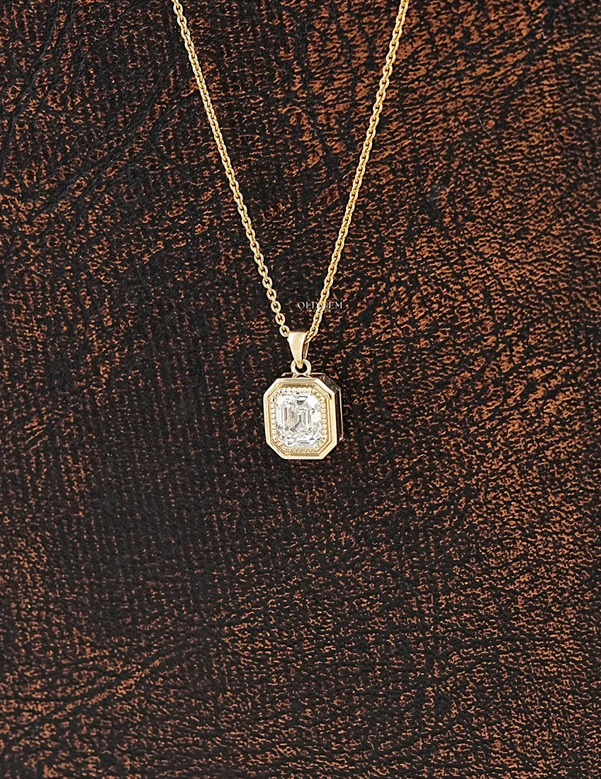 Old Mine Emerald Cut Milgrain Set Pendant