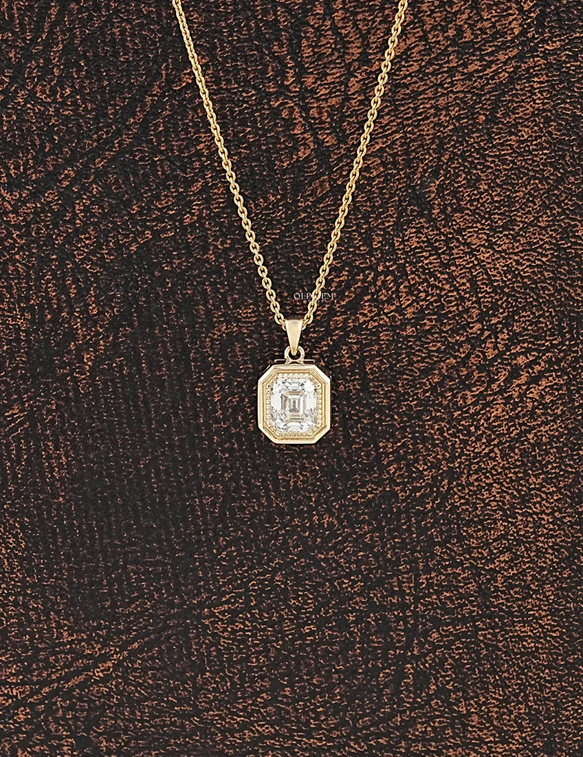 Old Mine Emerald Cut Milgrain Set Pendant