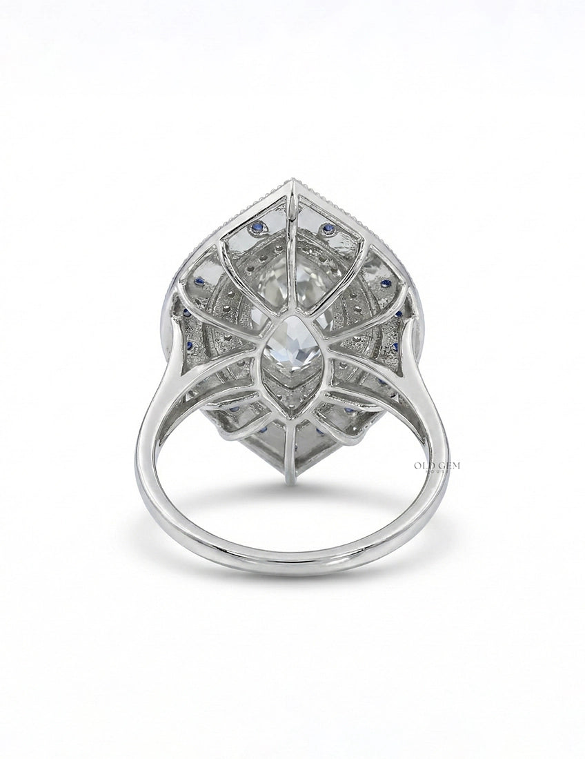 Art Deco Old Mine Marquise Sapphire Double Halo Ring Engagement Ring