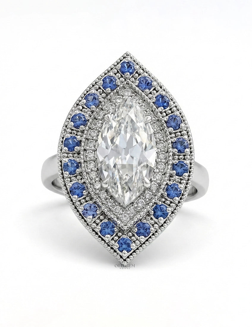 Art Deco Old Mine Marquise Sapphire Double Halo Ring Engagement Ring