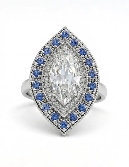 Art Deco Old Mine Marquise Sapphire Double Halo Ring Engagement Ring