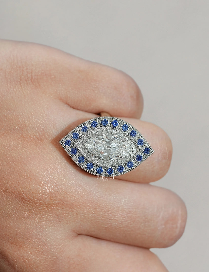 Old Mine Marquise Sapphire Double Halo Ring Engagement Ring