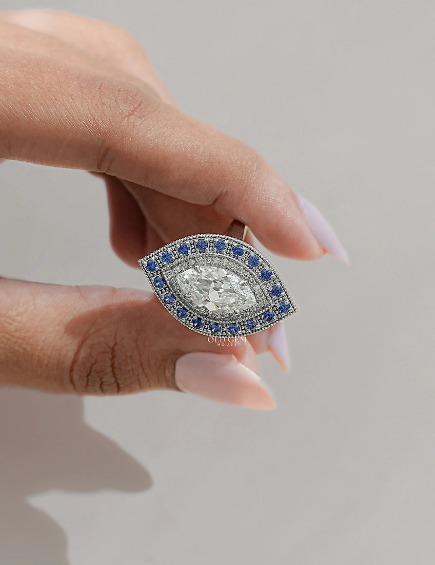 Art Deco Old Mine Marquise Sapphire Double Halo Ring Engagement Ring