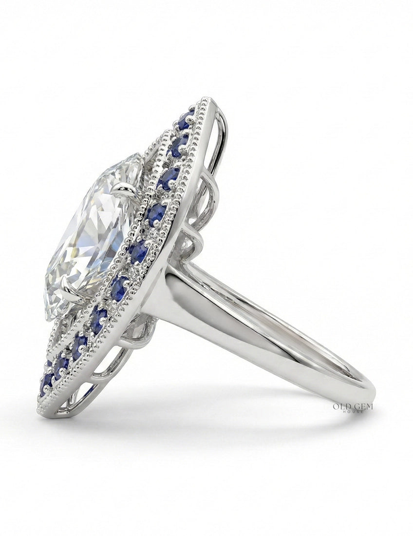 Old Mine Marquise Sapphire Double Halo Ring Engagement Ring