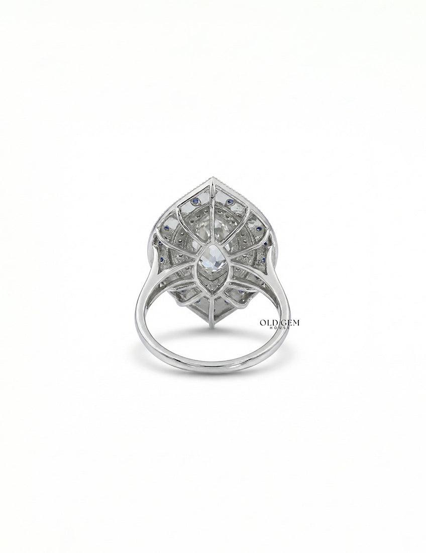 Old Mine Marquise Sapphire Double Halo Ring Engagement Ring